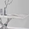 Buy Scimitar Marble Dining Table – 160 cm Marble-Effect Glass Top with Silver Legs, 2 from Furnituretta