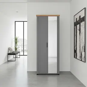 Buy Harwich Grey and Artisan Oak Slim Narrow Shallow Depth Mirrored Wardrobe from Furnituretta
