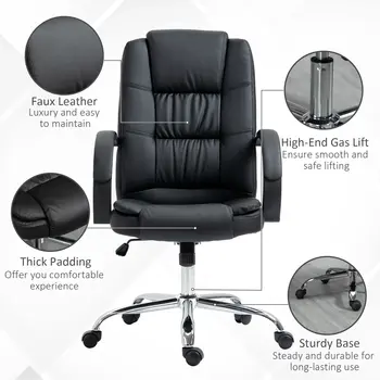 Buy Vinsetto Office Chair, PU Leather Desk Chair with 13cm Soft Padded Seat and Backrest, Swivel Chair with Adjustable Height and Rolling Wheels, Black, 7 from Furnituretta