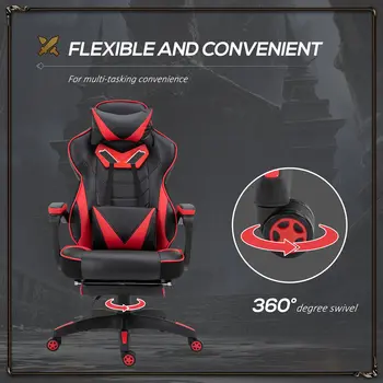 Buy Vinsetto Computer Gaming Chair, Racing Desk Chair with Lumbar Support and Footrest, PU Leather Gamer Chair with Headrest and Swivel Wheels for Home, Red, 6 from Furnituretta