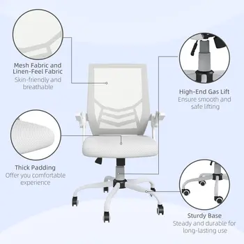 Buy Vinsetto Mesh Office Chair, Computer Desk Chair with Flip-up Armrests, Lumbar Back Support and Swivel Wheels, White, 9 from Furnituretta