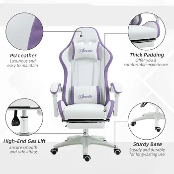 Buy Vinsetto Computer Gaming Chair, PU Leather Desk Chair with Footrest, Swivel Task Chair with 135°, White and Purple, 7 from Furnituretta