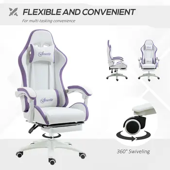 Buy Vinsetto Computer Gaming Chair, PU Leather Desk Chair with Footrest, Swivel Task Chair with 135°, White and Purple, 6 from Furnituretta