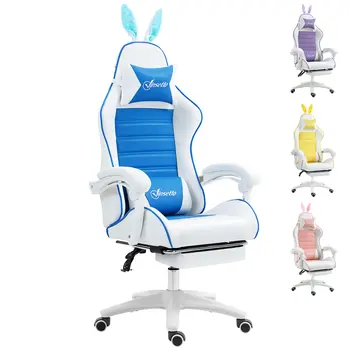 Buy Vinsetto Racing Gaming Chair, Reclining PU Leather Computer Chair with Removable Rabbit Ears, Footrest and Lumber Support, Blue from Furnituretta