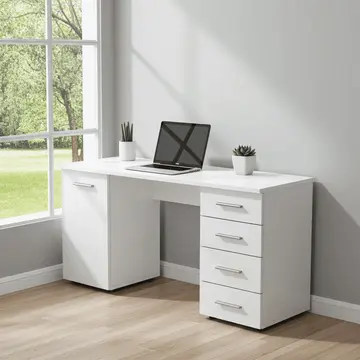 Buy Forres Matt White Computer Desk &ndash; 135 cm Office Desk with Drawers & Cupboard from Furnituretta