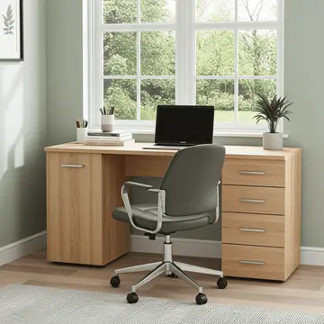 Buy Forres Oak Effect Computer Desk &ndash; 135 cm Office Desk with Drawers & Cupboard from Furnituretta