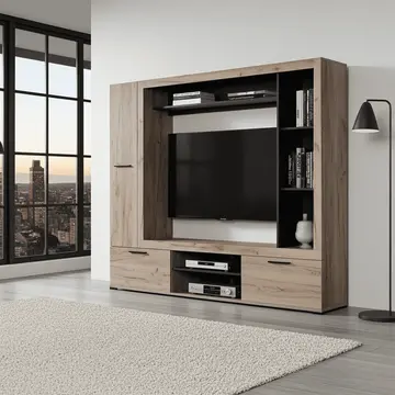 Buy Duns Grey Oak & Black Entertainment Unit – 195.5 cm Wall TV Cabinet from Furnituretta