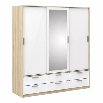 Buy Line Wardrobe 3 Doors 6 Drawers in Oak with White High Gloss from Furnituretta