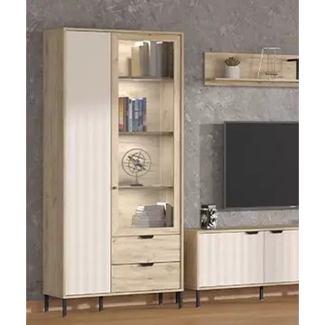 Buy Esher Grey Oak Effect and Cashmere Slatted 2 Door Display Cabinet from Furnituretta