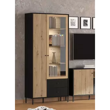 Buy Clacton Slatted Artisan Oak Effect and Black 2 Door Display Cabinet from Furnituretta