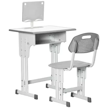 Buy Homcom Kids Desk and Chair Set, Height Adjustable Study Table Set with Storage Drawer, Book Stand, Cup Holder, Pen Slot, Grey from Furnituretta
