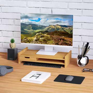 Buy Homcom Monitor Riser Laptop PC Plinth Stand TV Computer Desktop Organiser Drawer Bamboo from Furnituretta