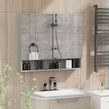 Buy kleankin Bathroom Mirror Cabinet, Wall Mounted Storage Cabinet with Adjustable Shelves, 3 Doors and Cupboards, Grey from Furnituretta