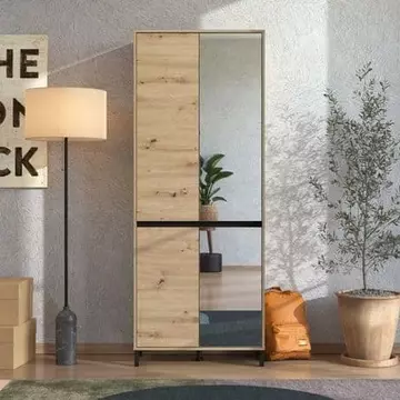 Buy Thong Oak Effect Half Mirrored 40 Pair Tall Shoe Cabinet Cupboard, Colour: Oak from Furnituretta