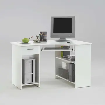 Buy Amex White Corner Desk with Drawer and Shelves from Furnituretta