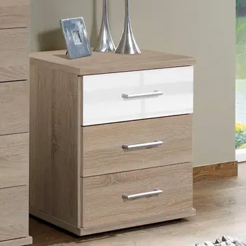 Buy Selby 3 Drawer Bedside Table Cabinet White Gloss and Oak Effect from Furnituretta