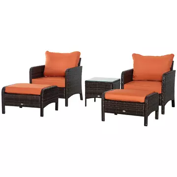Buy Outsunny 5 Pcs PE Rattan Garden Furniture Set, 2 Armchairs 2 Stools Glass Top Table Cushions Wicker Weave Chairs Outdoor Seating, Brown from Furnituretta