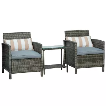 Buy Outsunny Garden Rattan Furniture 3 Pieces Patio Bistro Set Wicker Weave Conservatory Sofa Chair & Table Set with Cushion Pillow - Grey from Furnituretta