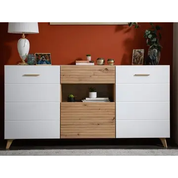 Buy Barnes Slatted Artisan Oak Effect and White Gloss Sideboard from Furnituretta