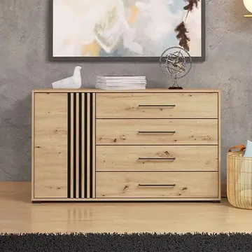 Buy Arlesey Oak Effect and Black 4 Drawer Sideboard from Furnituretta