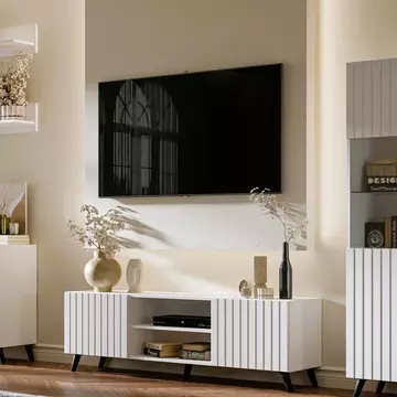 Buy Ascot Large TV Cabinet Unit With 2 Doors and Open Shelves Matte White from Furnituretta