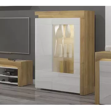 Buy Banff Oak Effect and White Gloss Low Wide Display Cabinet with LED Lights from Furnituretta