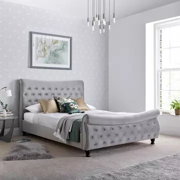 Buy Oxford Grey Velvet Chesterfield Sleigh Bed, Colour: Grey, Size: Double (4ft6), Item Width: 144.5 from Furnituretta
