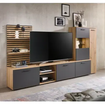 Buy Heathrow Entertainment Unit With LED Lighting 250cm, Colour: Oak Artisan, Width: 250 from Furnituretta