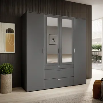 Buy Vesala 4 Hinged Door Wardrobe Graphite Matt with Mirror, Colour: Graphite Matt from Furnituretta