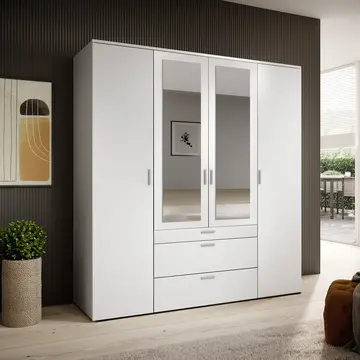 Buy Vesala 4 Hinged Door Wardrobe White with Mirror, Colour: White from Furnituretta