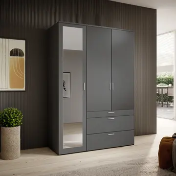 Buy Vesala 3 Hinged Door Wardrobe Graphite Matt with Mirror, Colour: Graphite Matt, Width: 135 from Furnituretta