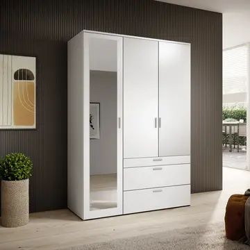 Buy Vesala 3 Hinged Door Wardrobe White Matt with Mirror, Colour: White Matt, Item Width: 135 from Furnituretta