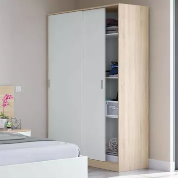 Buy Dorking Small Narrow Sliding 2 Door Wardrobe Artic White and Oak Effect 120cm from Furnituretta