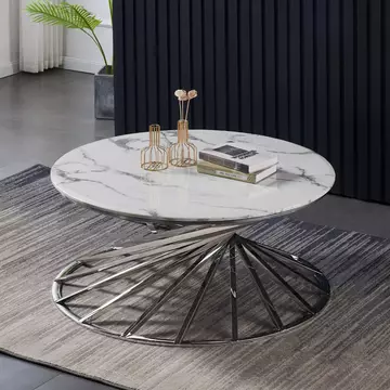 Buy Axon Round Marble Coffee Table with Silver Frame, Colour: Silver from Furnituretta