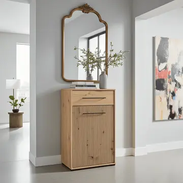 Buy Lewes Slatted Artisan Oak Effect Low Narrow Hallway Sideboard from Furnituretta