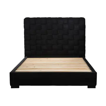 Buy Pasadena Black Velvet Bed with Cushioned Woven Headboard & Sprung Slats, Colour: Black, Bed Size: Double (4ft6) from Furnituretta