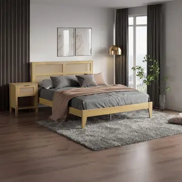 Buy Alicia Wooden Rattan Bed Oak &ndash; Solid Rubberwood Bed Frame with Rattan Headboard Insets, Bed Size: Double (4ft6) from Furnituretta