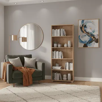 Buy Thorne Slim 176.5cm Tall Bookcase – 5‑Compartment Storage in Oak or White, Colour: Artisan Oak, Item Width: 70 from Furnituretta
