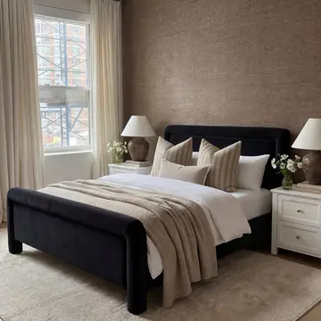 Buy Leonnie Upholstered Bed – Modern Cushioned Headboard Bed with Sprung Slats, Colour: Black, Bed Size: Double (4ft6) from Furnituretta