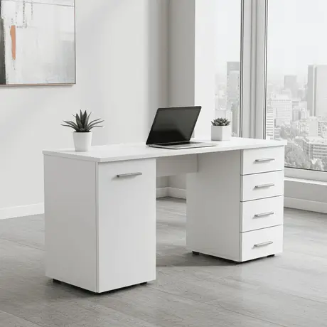 Buy Forres Matt White Home Office Computer Desk with Drawers & Cupboard, 5 from Furnituretta