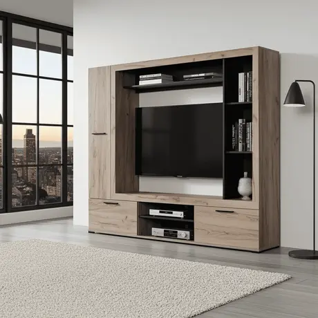 Buy Duns Grey Oak Effect and Black Entertainment Unit Wall TV Cabinet from Furnituretta