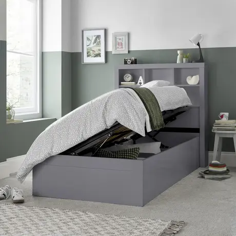 Buy Oscar Grey Wooden Ottoman Storage Bed – Single (3ft) with Bookcase Headboard, Colour: Grey, Bed Size: Single (3ft), Item Width: 113, 6 from Furnituretta