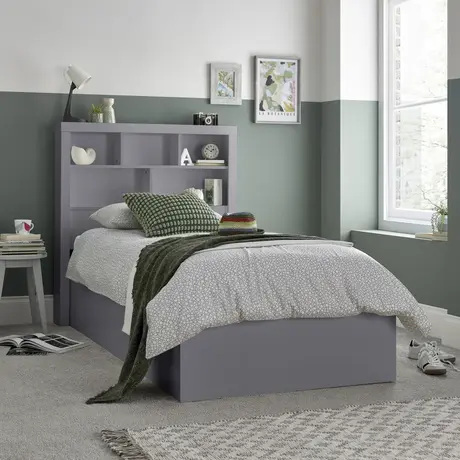 Buy Oscar Grey Wooden Ottoman Storage Bed – Single (3ft) with Bookcase Headboard, Colour: Grey, Bed Size: Single (3ft), Item Width: 113, 8 from Furnituretta