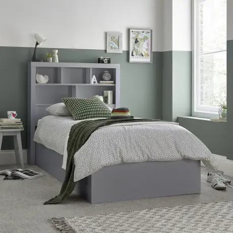 Buy Oscar Grey Wooden Ottoman Storage Bed – Single (3ft) with Bookcase Headboard, Colour: Grey, Bed Size: Single (3ft), Item Width: 113 from Furnituretta