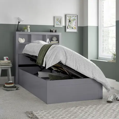 Buy Oscar Grey Wooden Ottoman Storage Bed – Single (3ft) with Bookcase Headboard, Colour: Grey, Bed Size: Single (3ft), Item Width: 113, 2 from Furnituretta