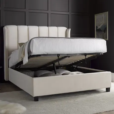 Buy Aurora Warmstone Velvet Ottoman Bed – Double 4ft6 with Winged Headboard & Storage, Colour: Warmstone, Bed Size: Double (4ft6), Item Width: 157 from Furnituretta