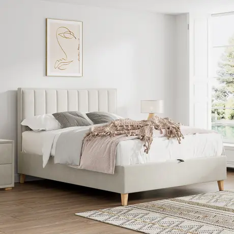 Buy Rhodes Warmstone Velvet Ottoman Bed – Double 4ft6 with Storage & Deep Headboard, Colour: Warmstone, Bed Size: Double (4ft6) from Furnituretta