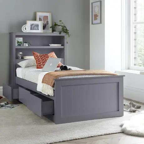 Buy Enzo Grey Wooden 3‑Drawer Storage Bed – Single 3ft with Bookcase Headboard, Colour: Grey, Bed Size: Single (3ft) from Furnituretta