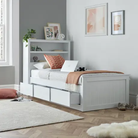 Buy Enzo White Wooden 3‑Drawer Storage Bed – Single 3ft with Bookcase Headboard, Colour: White, Bed Size: Single (3ft) from Furnituretta
