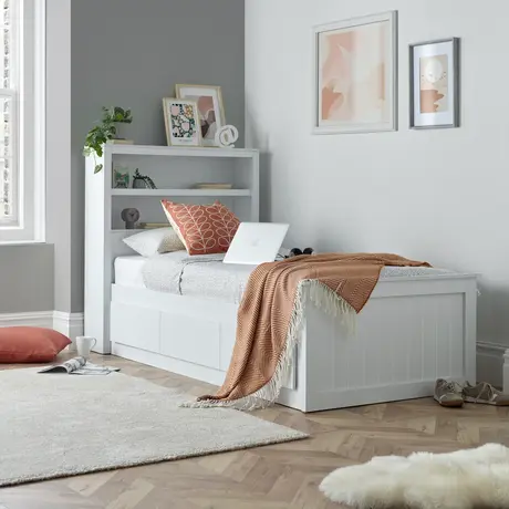 Buy Enzo White Wooden 3‑Drawer Storage Bed – Single 3ft with Bookcase Headboard, Colour: White, Bed Size: Single (3ft), 4 from Furnituretta